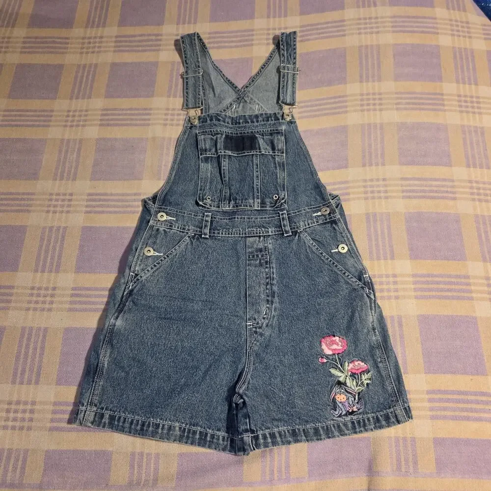 Vtg Eeyore Denim Womens Disney Overall Shorts Winnie The Pooh 90s Y2k Flowers - Picture 1 of 9